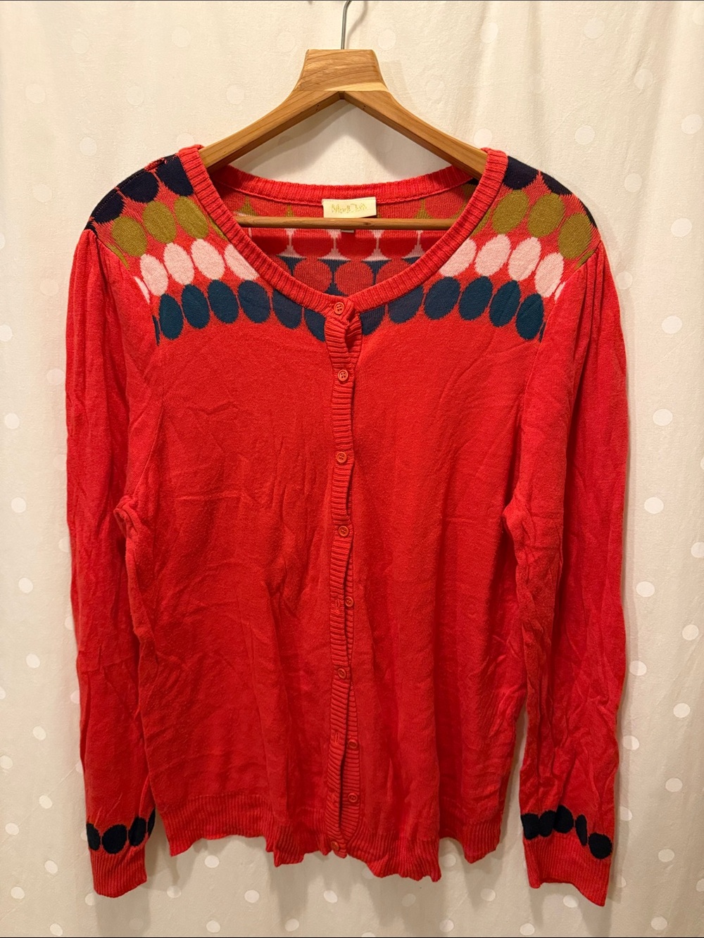 Milly Red Button-Front Cardigan with Multicolor Shoulder Motif
